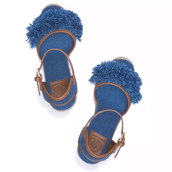 Tory Burch Shaw Denim Wedge Espadrilles Sandals Blue Size 9 - Picture 2 of 5
